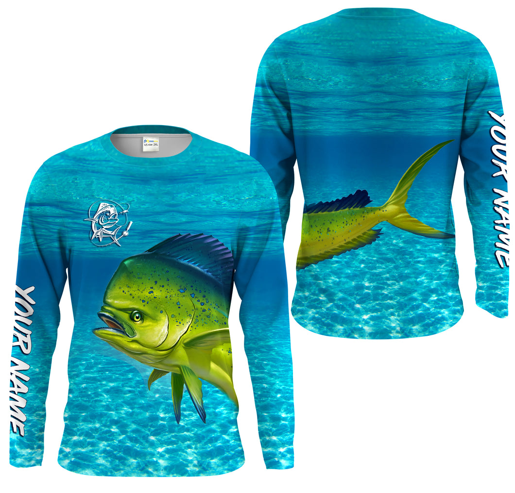 Mahi mahi (Dorado) Fishing Customize Name blue Water Camo UV protection UPF 30+ long sleeves fishing shirt for men NPQ11