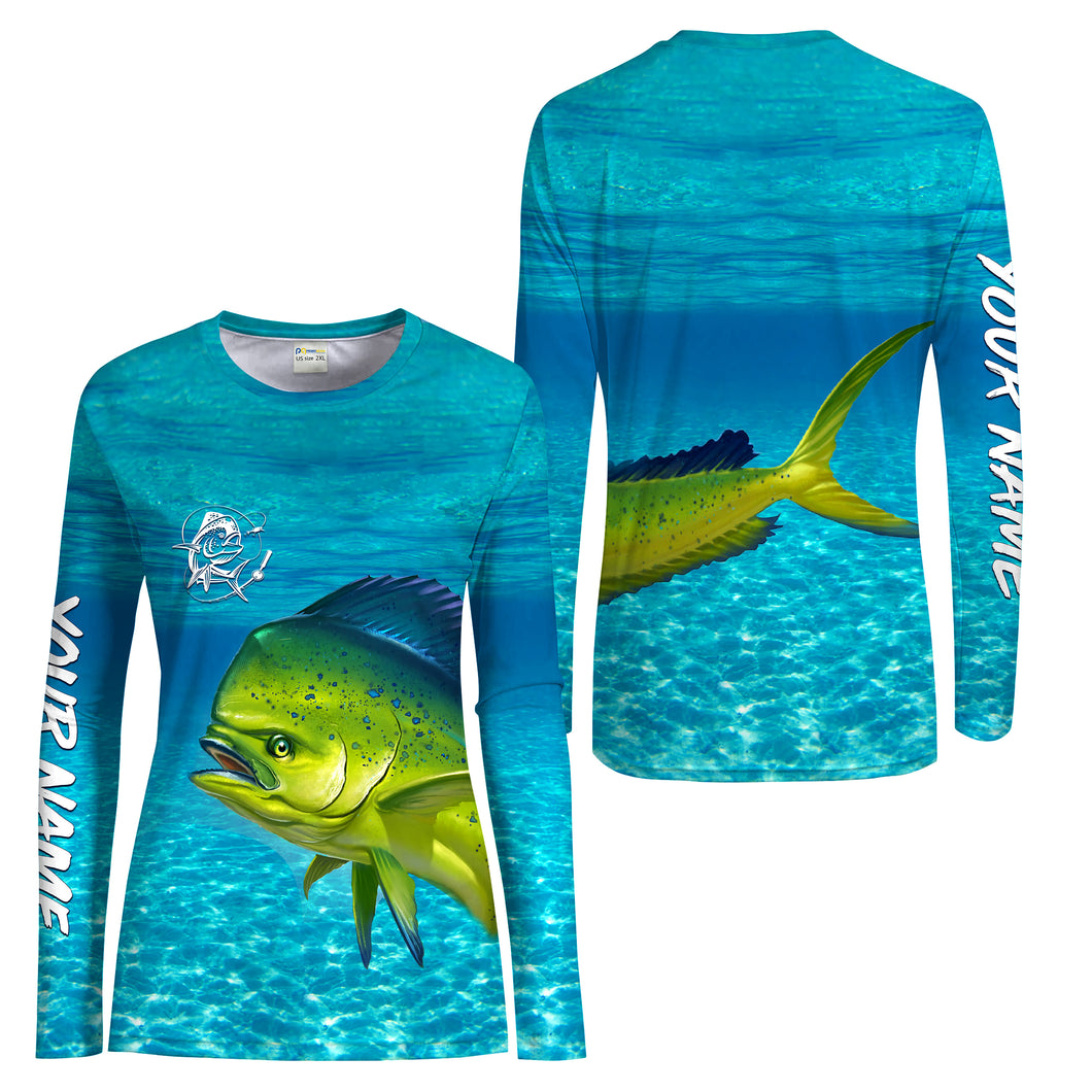 Mahi mahi (Dorado) Fishing Customize Name blue Water Camo UV protection UPF 30+ Custom name fishing shirt for women NPQ11