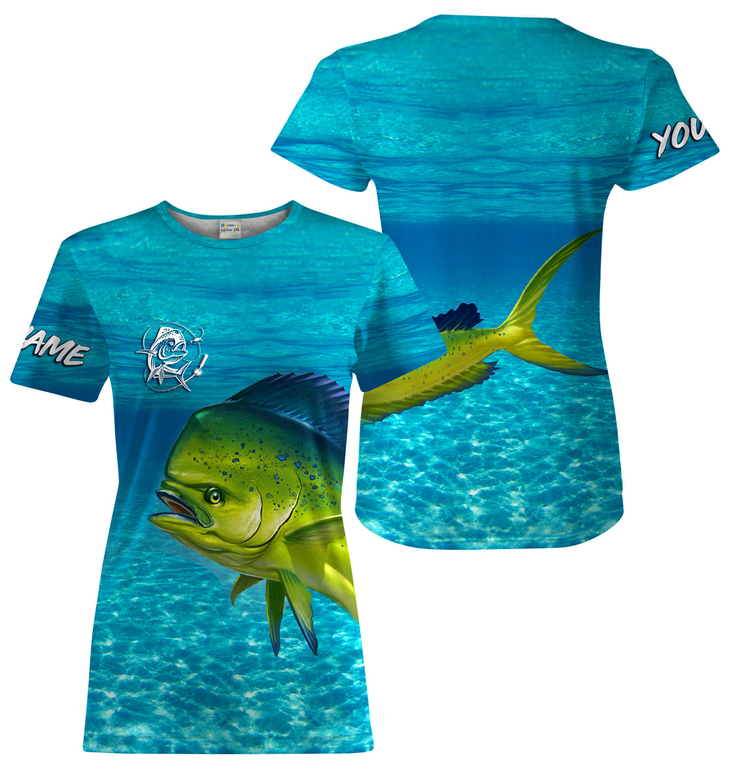 Mahi mahi (Dorado) Fishing Customize Name blue Water Camo UV protection UPF 30+ fishing t shirts for women NPQ11