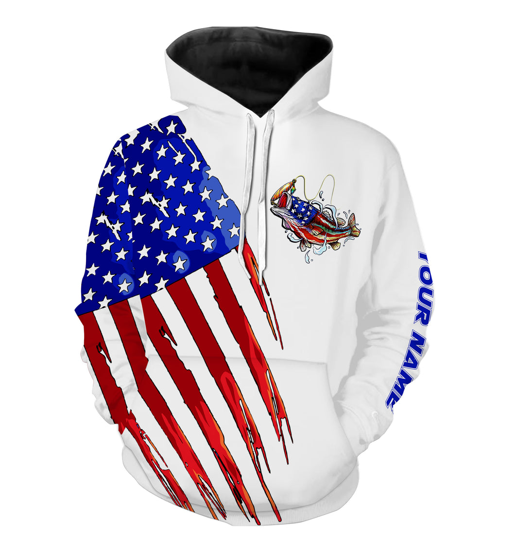 Bass Fishing American flag patriotic fishing Customize name 3D All Over Printed fishing hoodie NPQ374