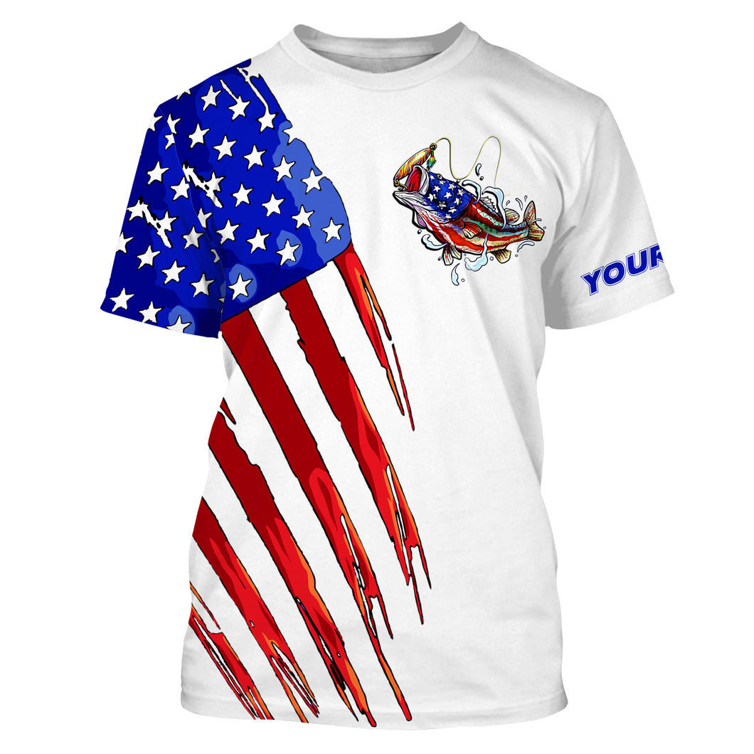 Bass Fishing American flag patriotic fishing Customize Name All-over Print Unisex fishing T-shirt NPQ374