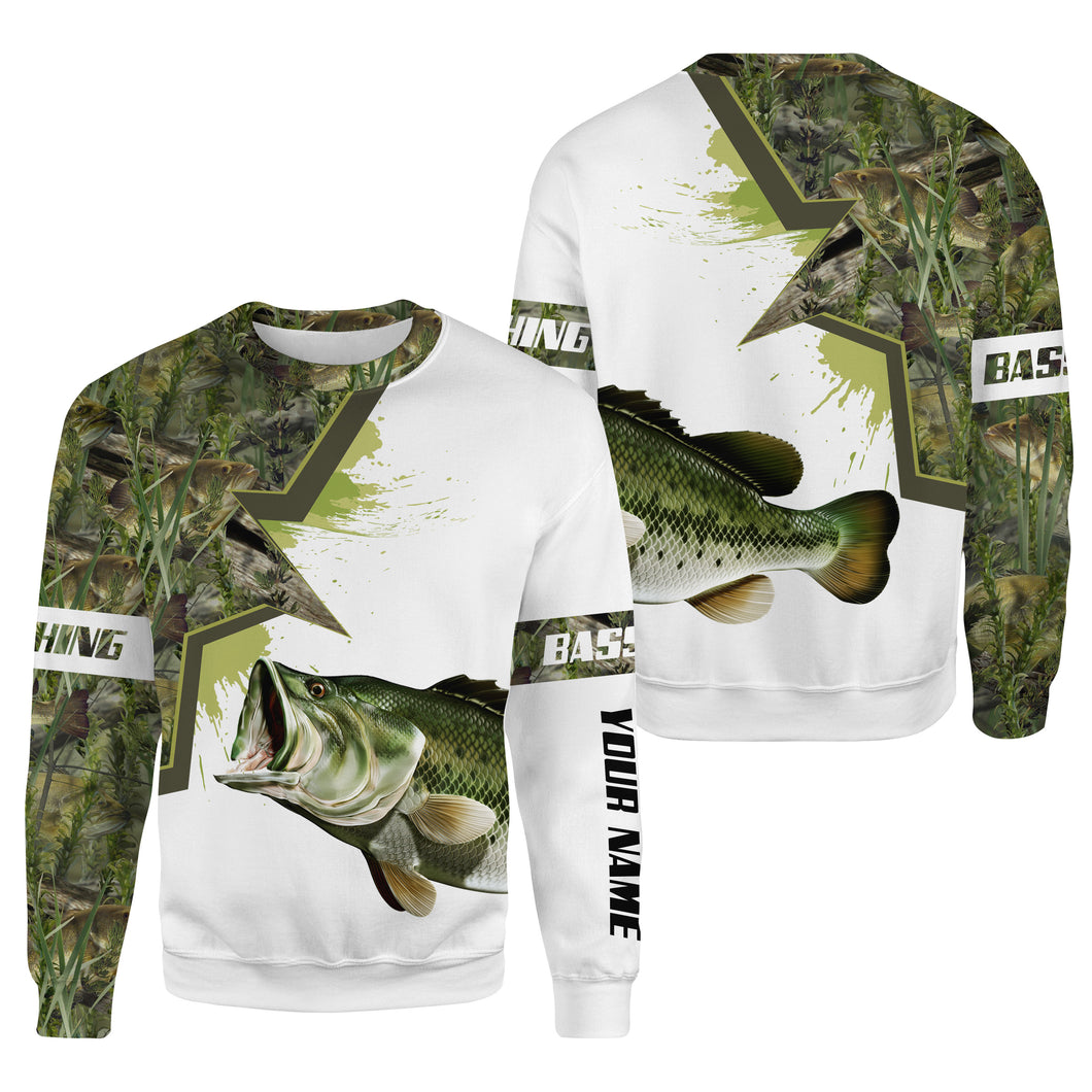 Largemouth bass Fishing camo Customize name 3D All-over Print Crew Neck Sweatshirt, personalized fishing gift NPQ313
