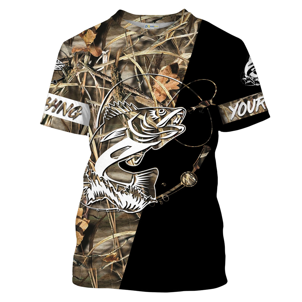 Walleye Fishing Tattoo camo black version Customize Name All-over Print Unisex fishing T-shirt NPQ68