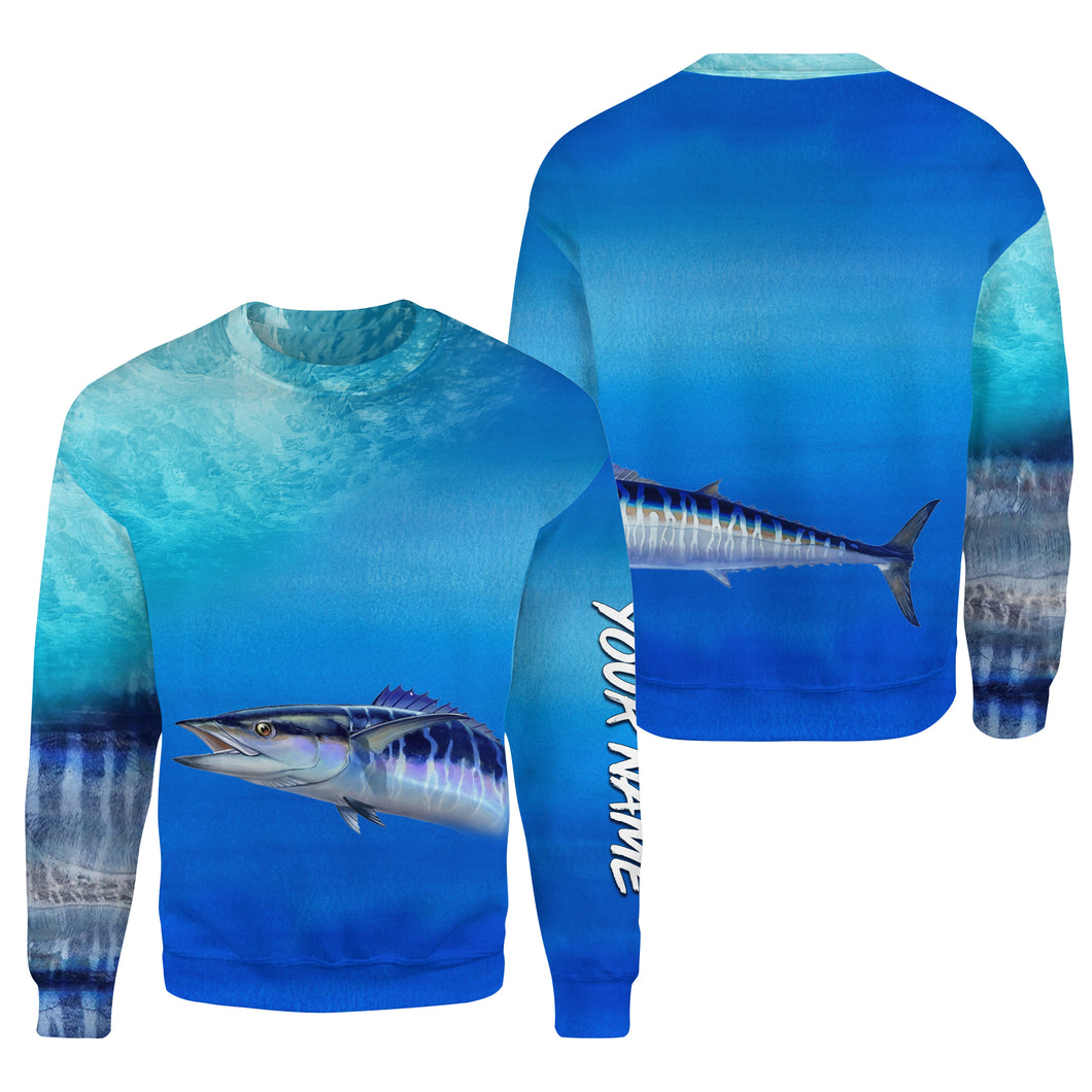 Wahoo fishing scales blue ocean sea wave camo Custom name performance fishing jerseys | Sweatshirt - NPQ723