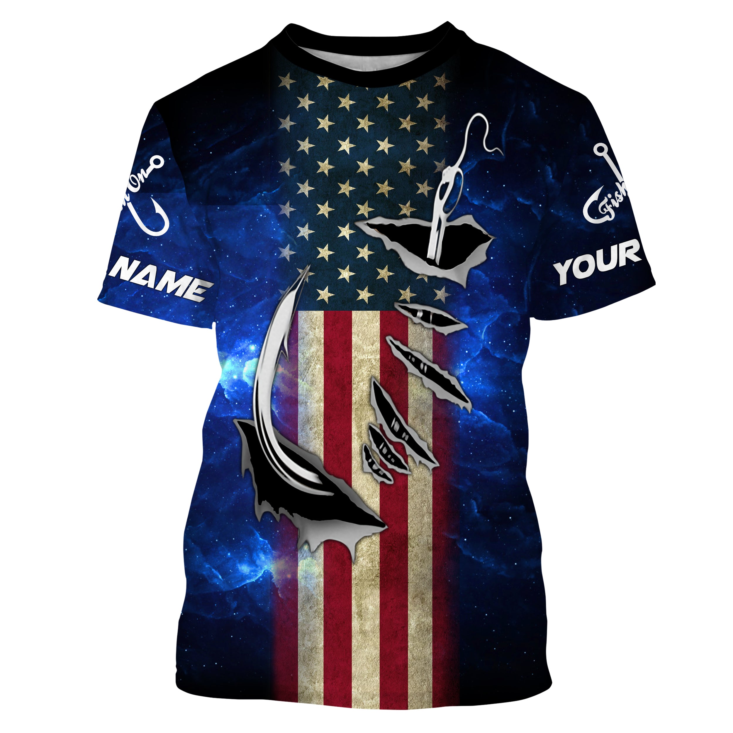 American flag fish hook blue galaxy fishing Custom fishing tournament Tshirt NPQ589