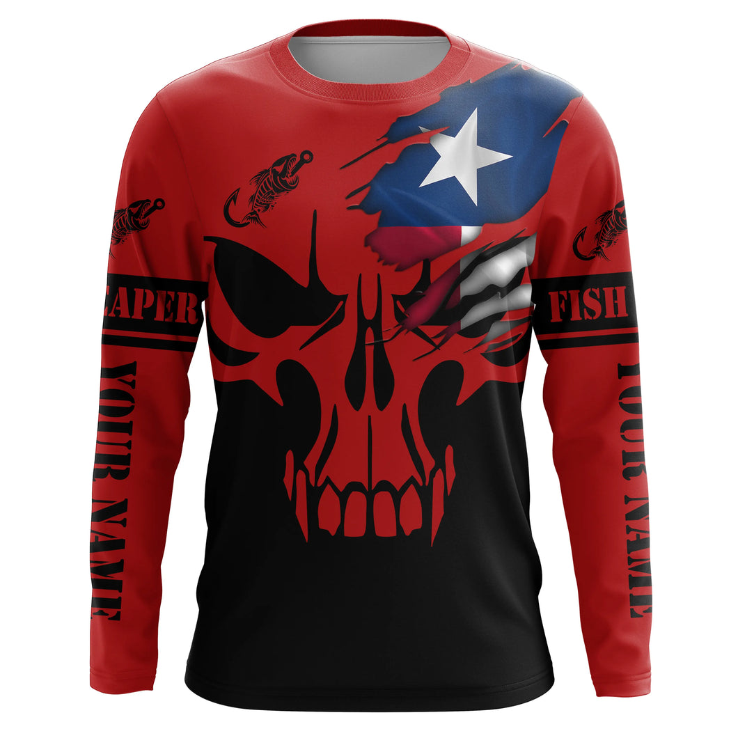 Custom Texas flag fishing fish reaper skull red and black Fishing Jersey, fishing Long sleeve shirts NQS4837