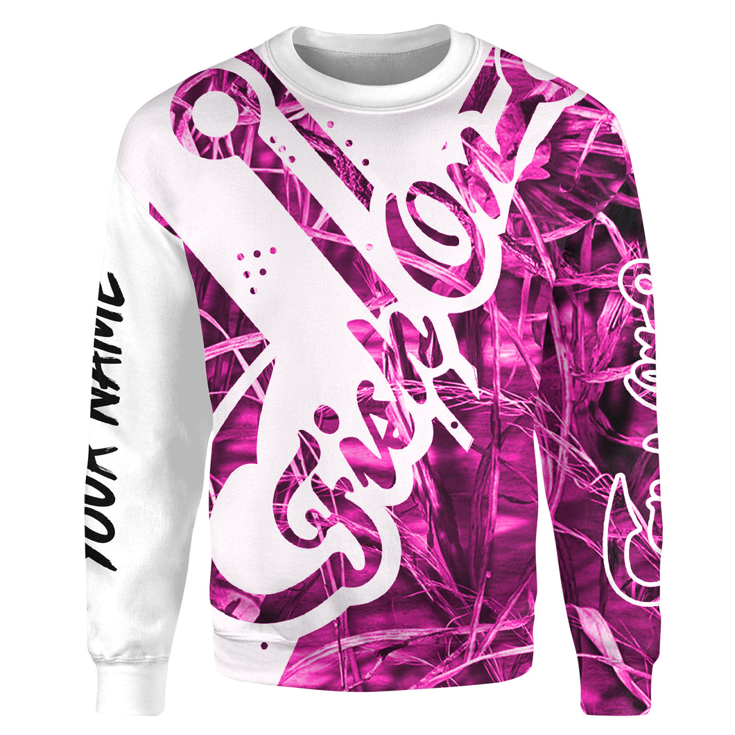 Fish On Pink Camo fish hook Customize name tournament All-over Print Crew Neck Sweatshirt, gift for fishing lovers NPQ327