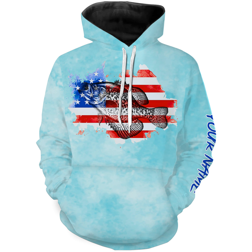 Crappie fishing light blue American flag patriotic Customize name 3D All Over Printed fishing hoodie, gift for fisherman NPQ384