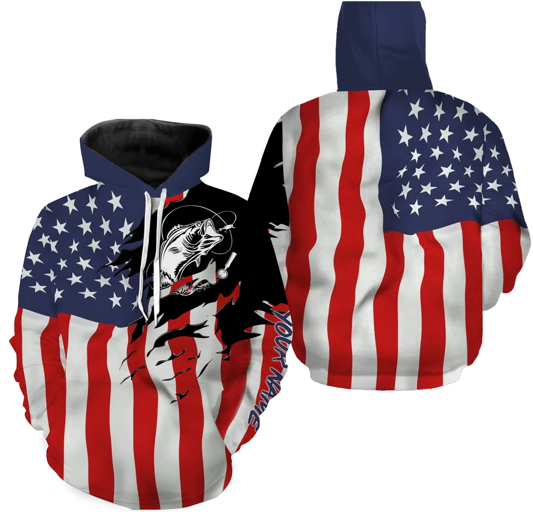Largemouth bass fishing tattoos American flag patriotic custom Name 3D full printing fishing Shirts for men, women | Hoodie - NPQ501