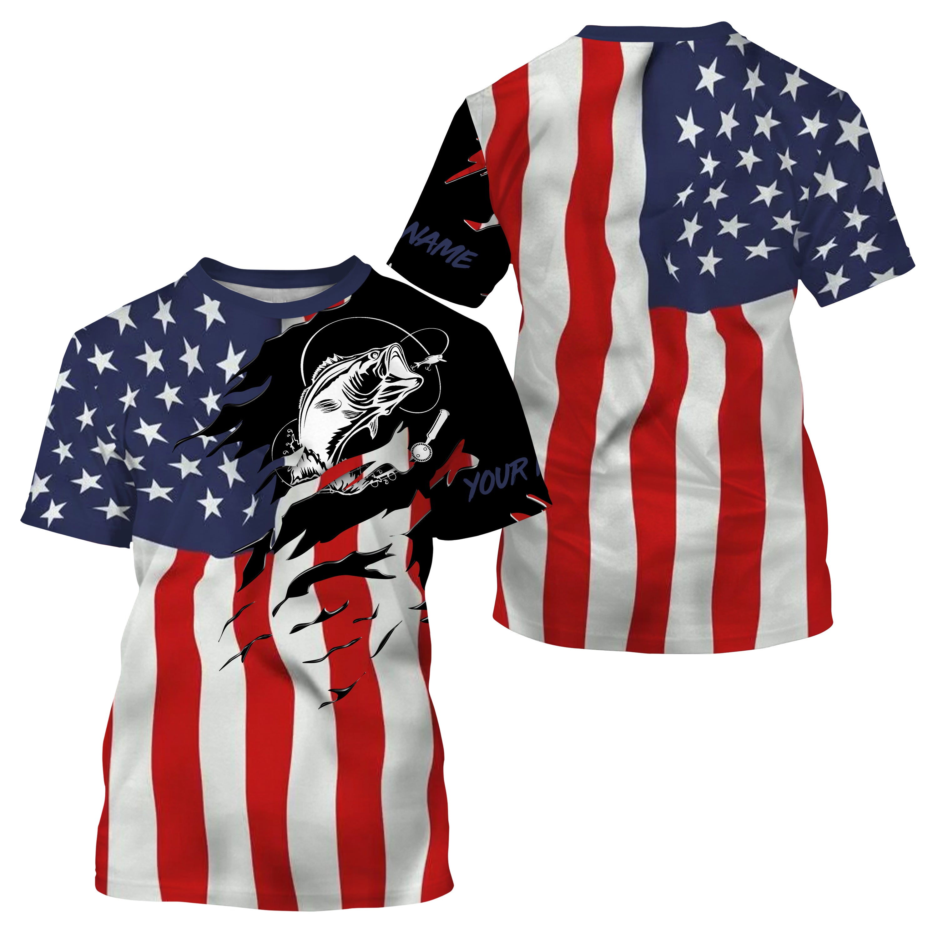 Largemouth bass fishing tattoos American flag patriotic custom fishing Shirts for men, women | T-shirt - NPQ501