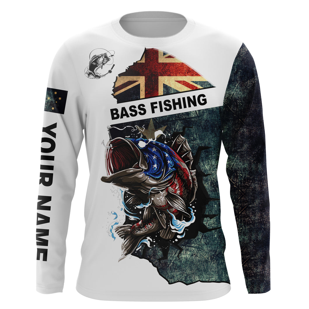 Largemouth Bass Australia Flag patriotic Custom Name Long sleeve, Long Sleeve Hooded Fishing Shirt - NPQ647