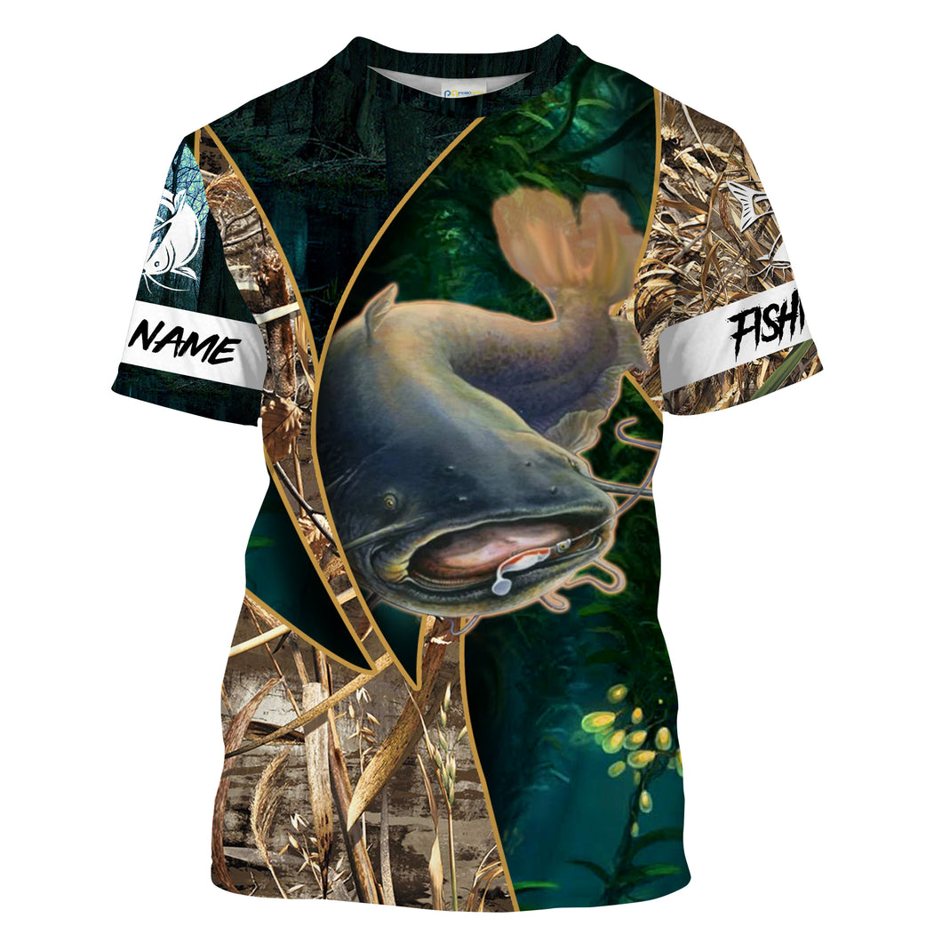 Catfish Fishing camo green Customize Name All-over Print Unisex fishing T-shirt NPQ37