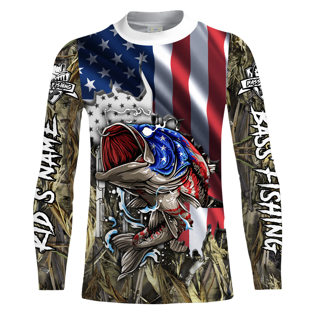 American flag patriotic Bass camo fishing Customize Name UV protection quick dry UPF 30+ long sleeves fishing shirt for kid NPQ53