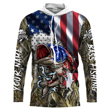 Load image into Gallery viewer, American flag patriotic Bass camo fishing Customize Name UV protection UPF 30+ long sleeves fishing shirt for men NPQ53
