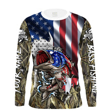 Load image into Gallery viewer, American flag patriotic Bass camo fishing Customize Name UV protection UPF 30+ long sleeves fishing shirt for men NPQ53
