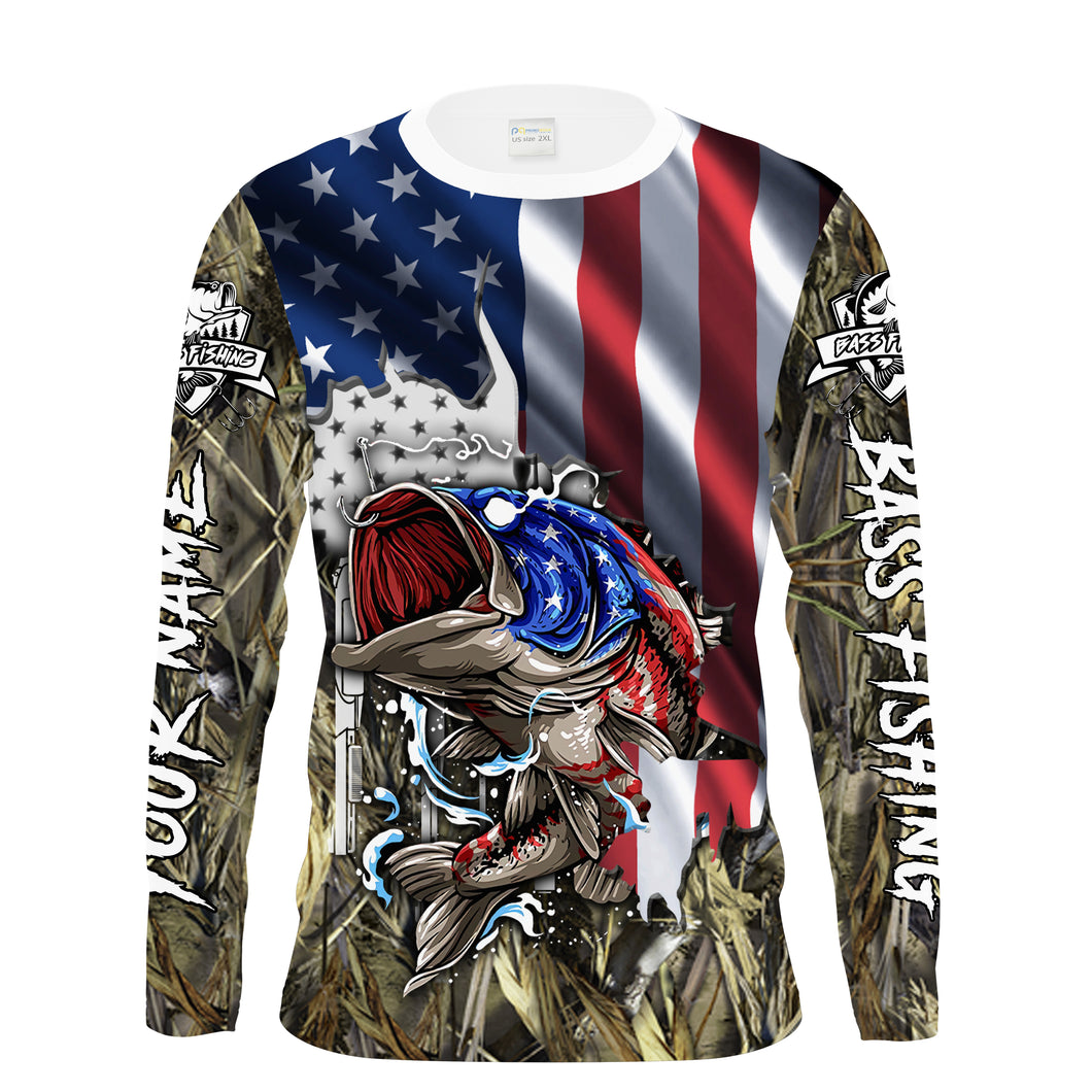 American flag patriotic Bass camo fishing Customize Name UV protection UPF 30+ long sleeves fishing shirt for men NPQ53