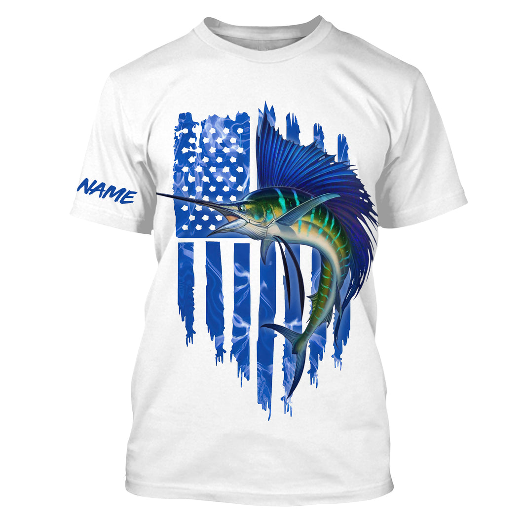 Sailfish fishing blue American flag patriotic fishing Customize Name All-over Print Unisex fishing T-shirt, gift for fishing lovers NPQ341