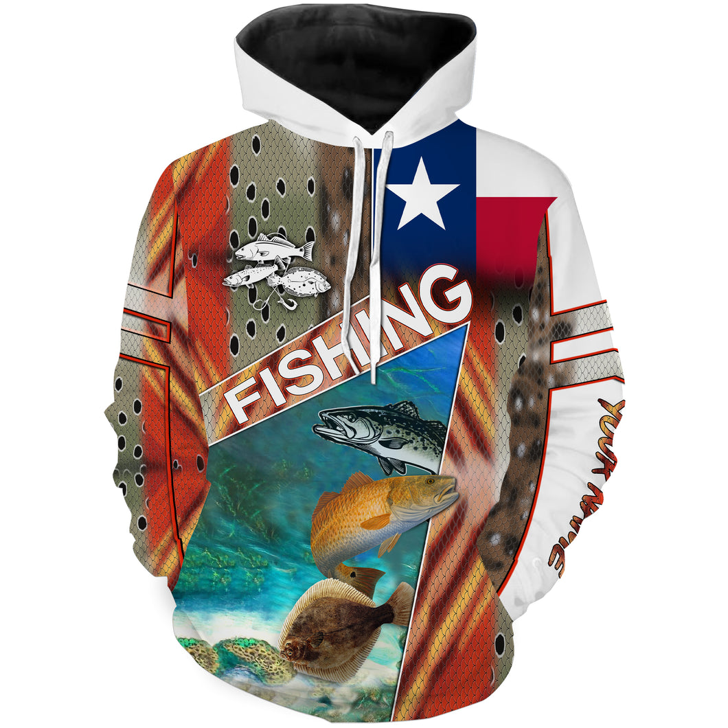 Texas fishing Redfish, Trout, Flounder patriotic fishing Customize name 3D All Over Printed fishing hoodie, gift for fishing lovers NPQ342