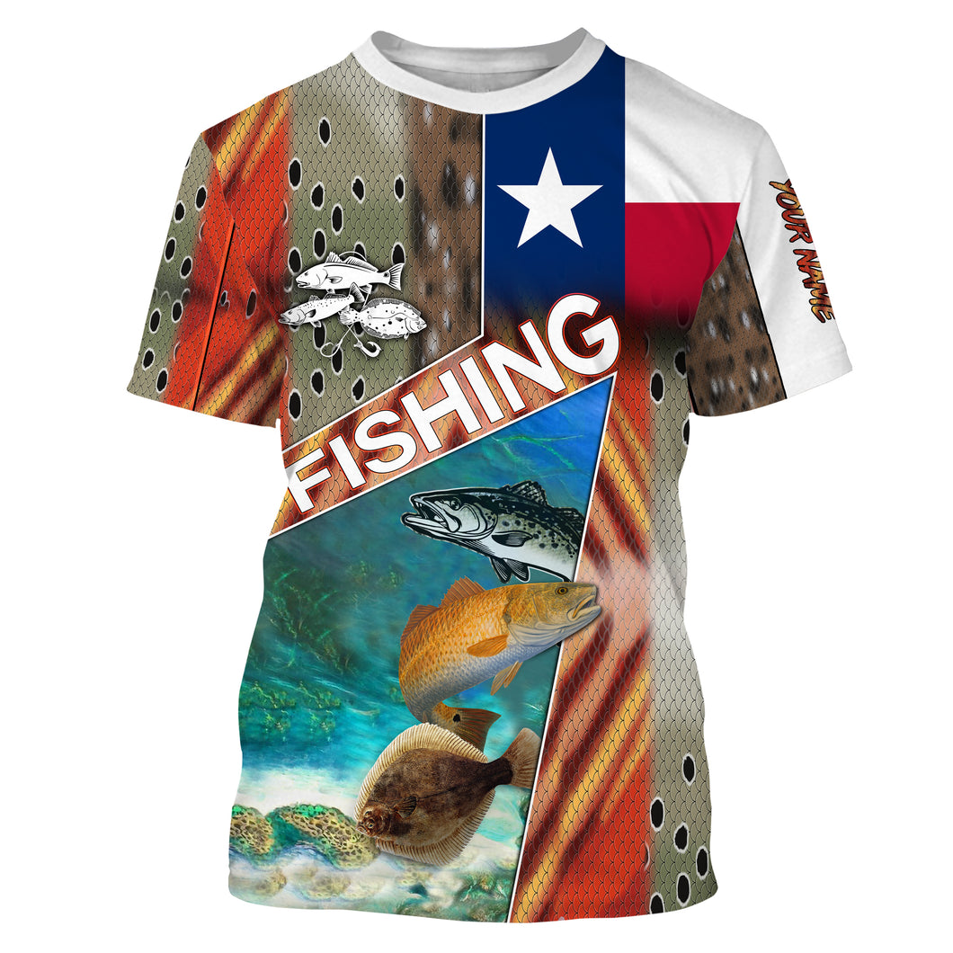 Texas fishing Redfish, Trout, Flounder patriotic fishing Customize Name All-over Print Unisex fishing T-shirt, gift for fishing lovers NPQ342