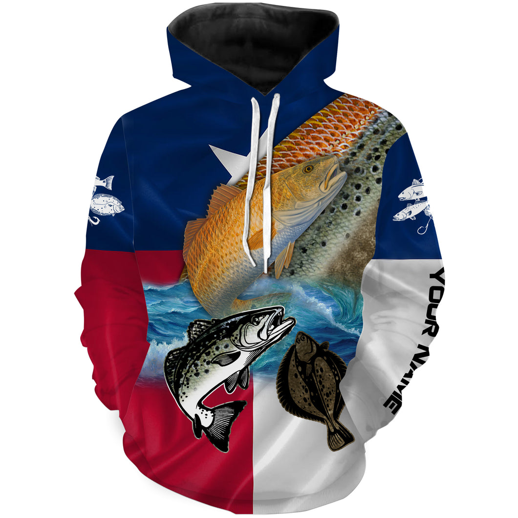 Texas fishing Redfish, Trout, Flounder patriotic fishing Customize name 3D All Over Printed fishing hoodie, gift for fishing lovers NPQ344