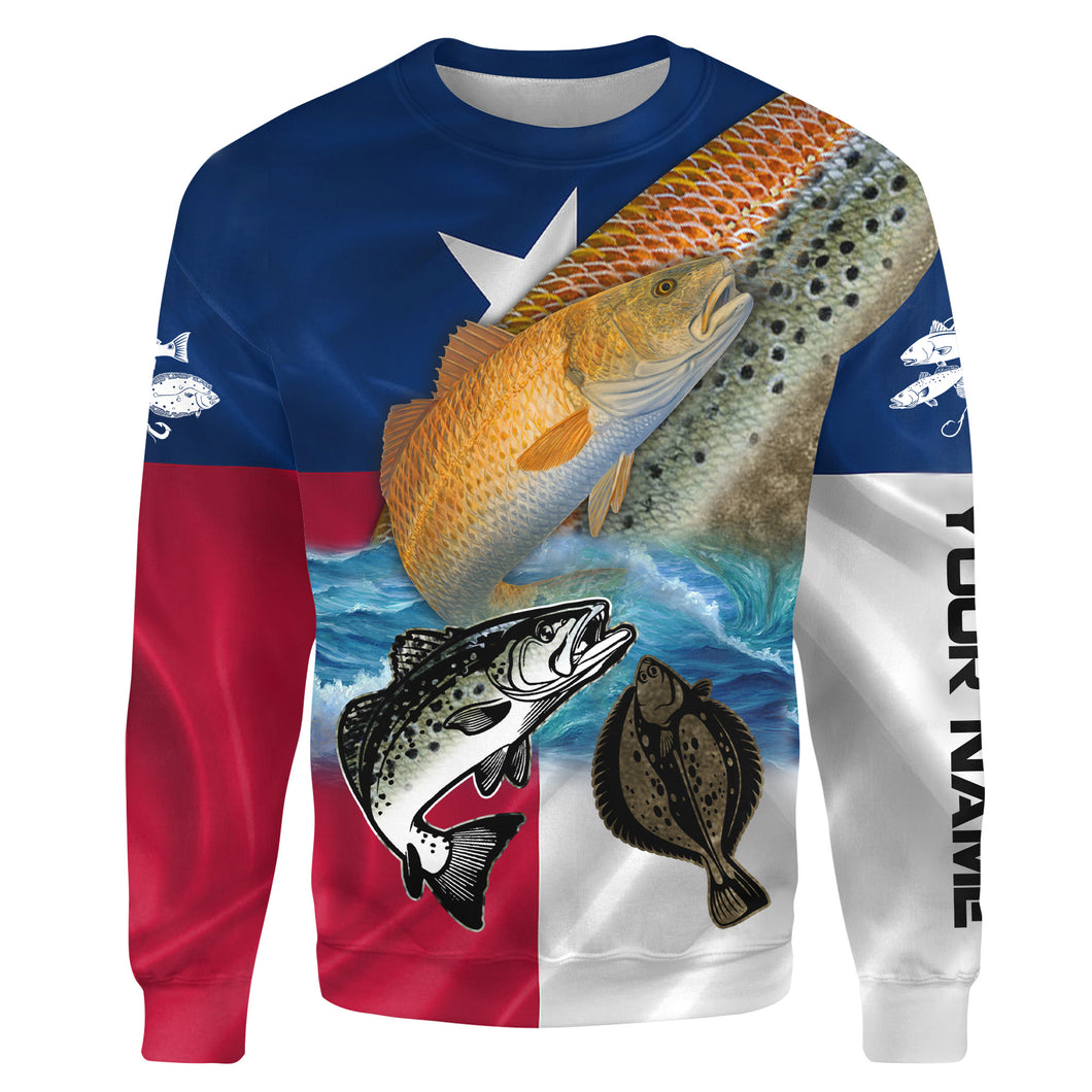 Texas fishing Redfish, Trout, Flounder patriotic fishing Customize name All-over Print Crew Neck Sweatshirt, gift for fishing lovers NPQ344