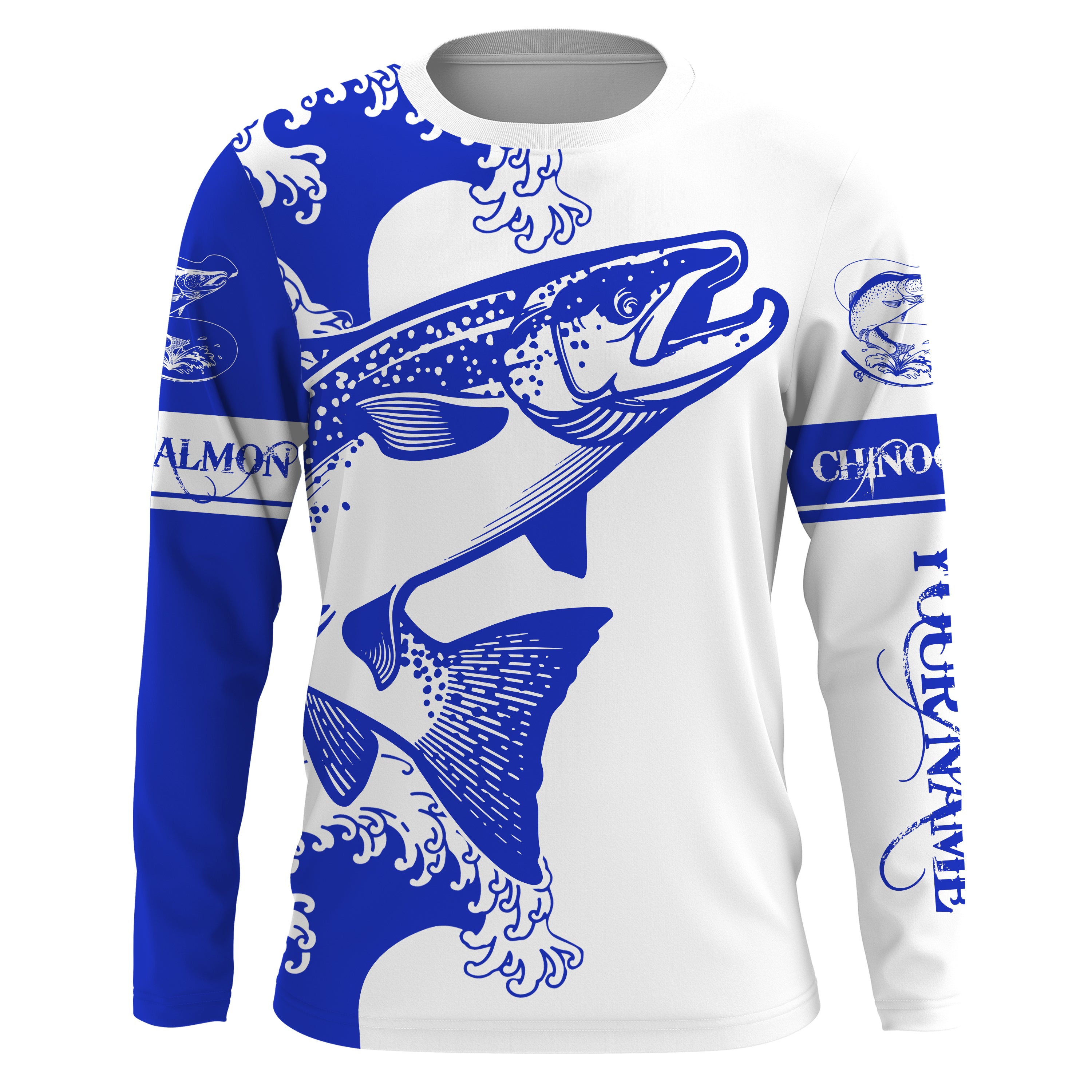 Chinook King salmon fishing tattoo blue Custom name salmon Long sleeve fishing shirts, Long Sleeve Hooded NPQ887