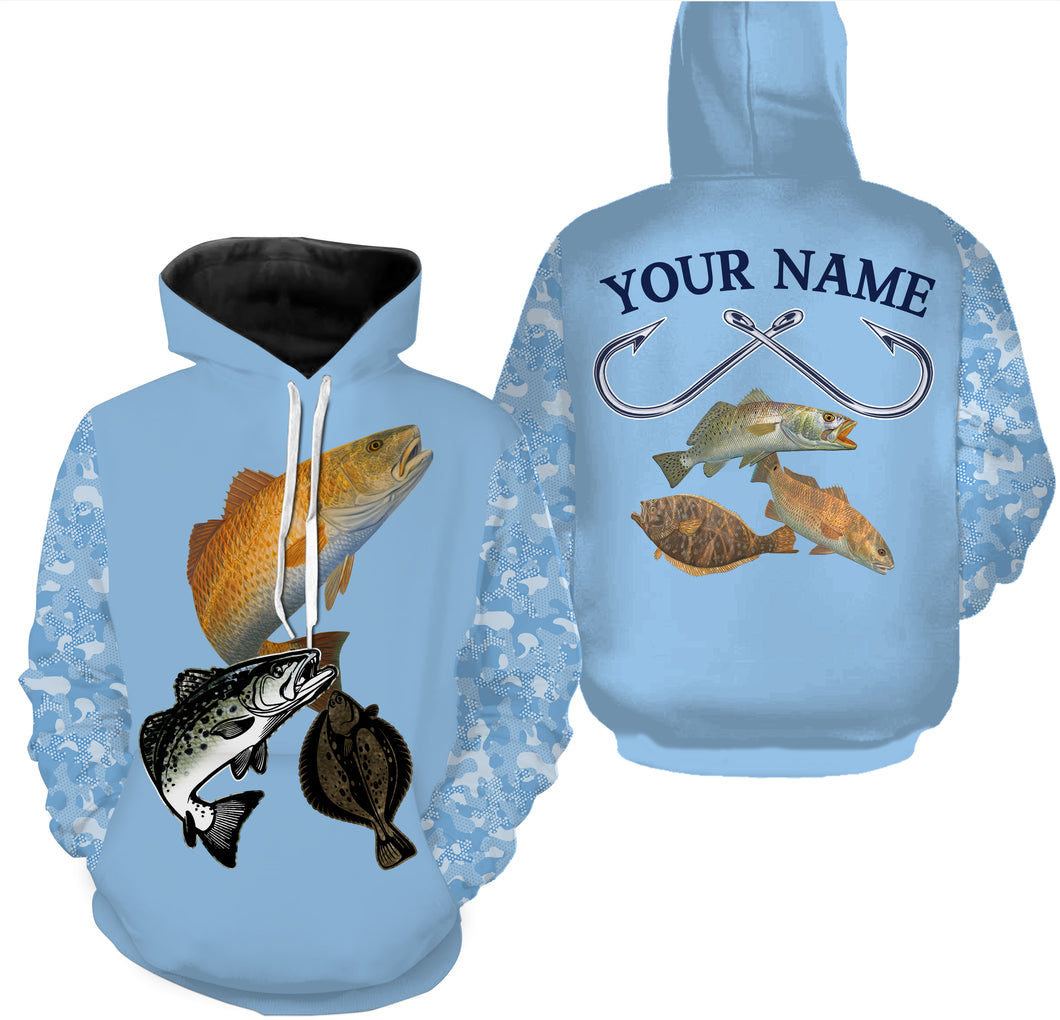 Texas slam redfish, speckled trout, flounder Texas fishing blue camo Customize name 3D All Over Printed fishing hoodie NPQ460