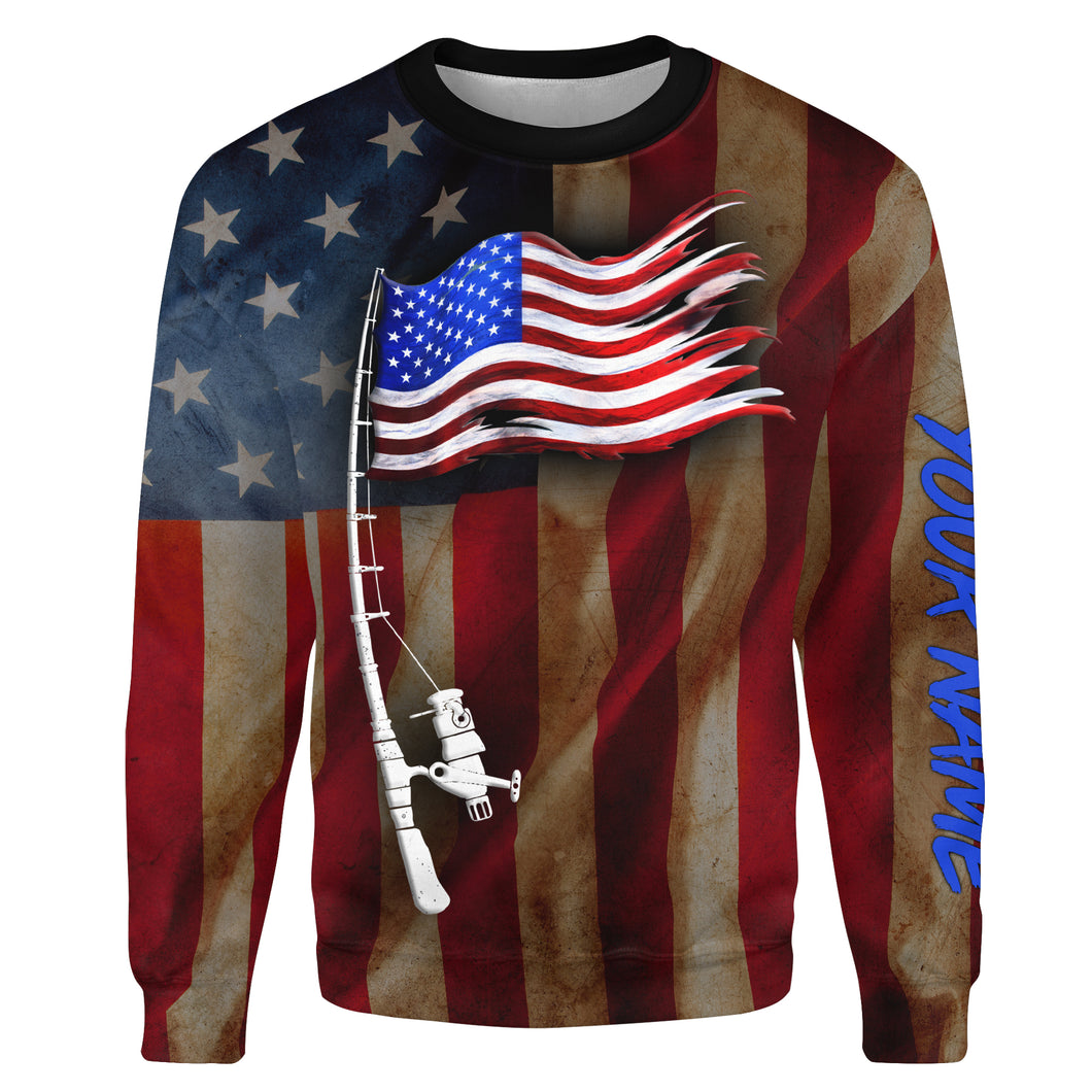Vintage American flag patriotic fishing rod Custom Name 3D All Over Printed Shirts, Gifts for Fisherman | Sweatshirt - NPQ542