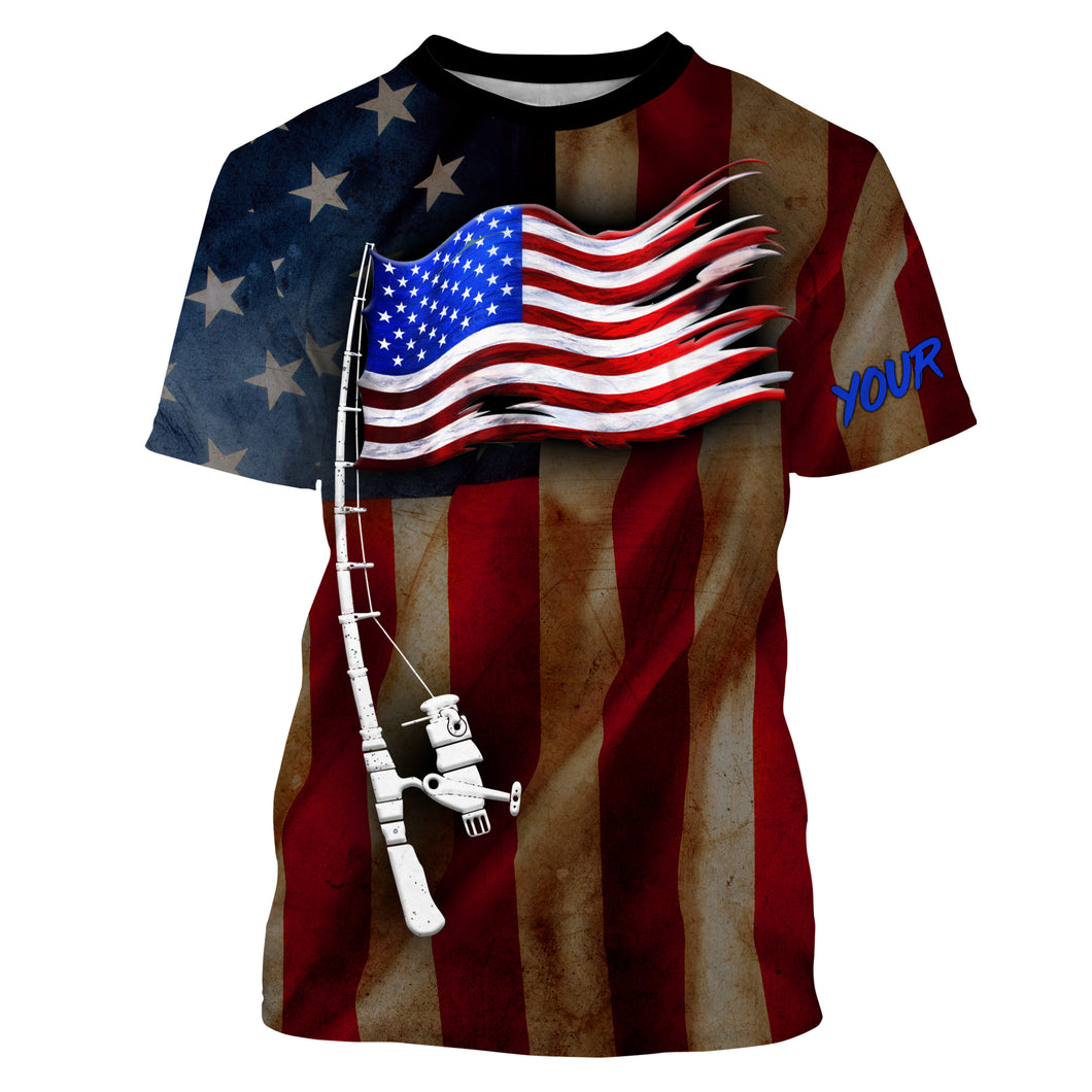 Vintage American flag patriotic fishing rod Custom Name 3D All Over Printed Shirts, Gifts for Fisherman | Tshirt - NPQ542