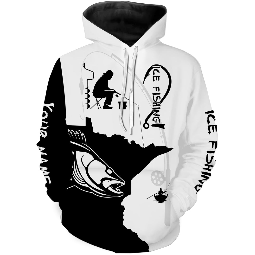 Minnesota ice fishing Walleye winter fishing black and white Customize name 3D All Over Printed fishing hoodie NPQ400