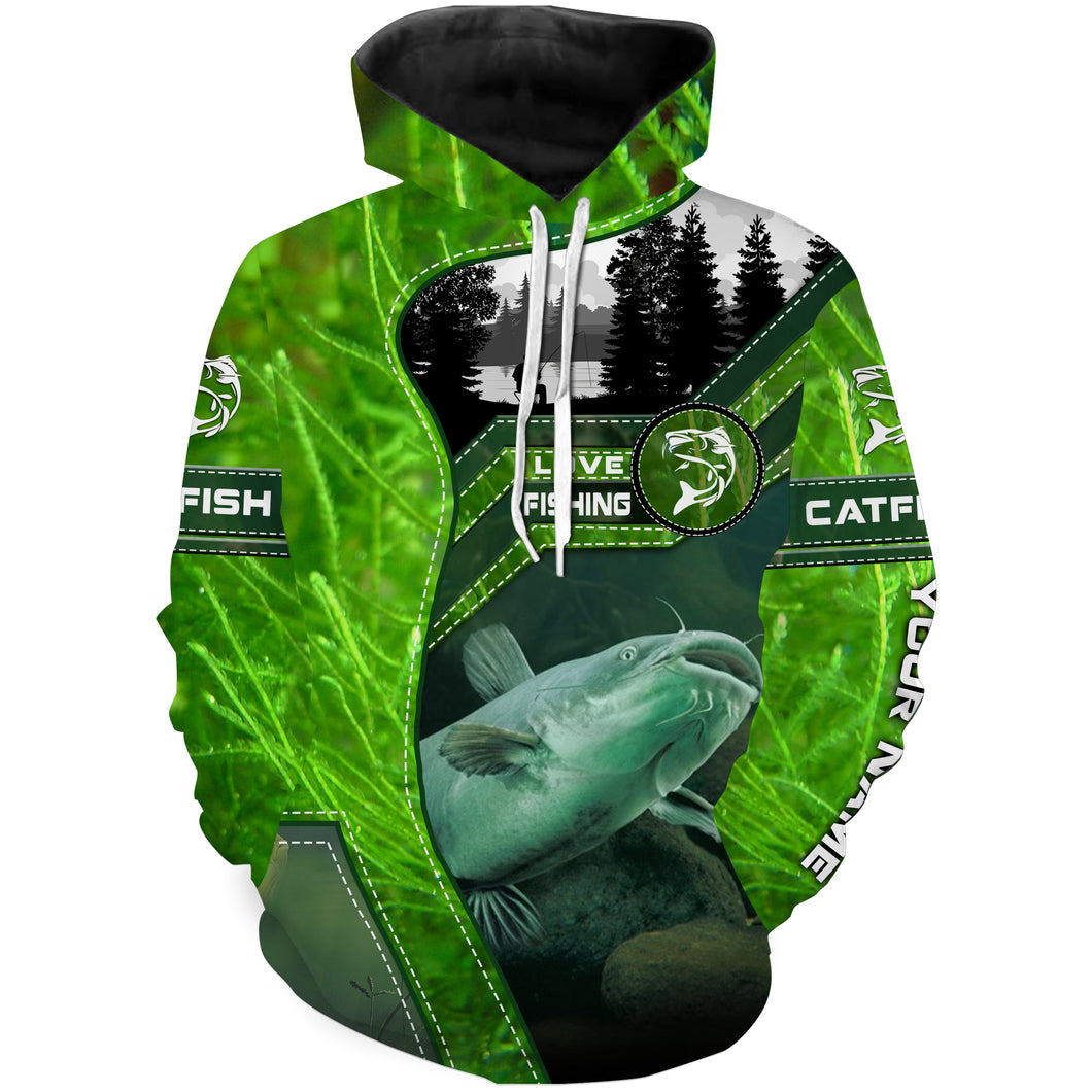Catfish Fishing shirt green water camo Customize name 3D All Over Printed fishing hoodie NPQ475