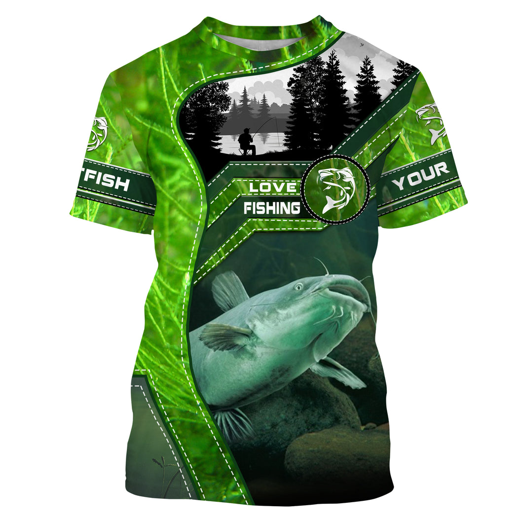 Catfish Fishing shirt green water camo Customize Name All-over Print Unisex fishing T-shirt NPQ475