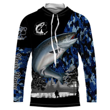 Load image into Gallery viewer, Chinook Salmon (King salmon) Fish blue camo Custom name fishing jerseys | Long sleeve, Long Sleeve Hooded NPQ832
