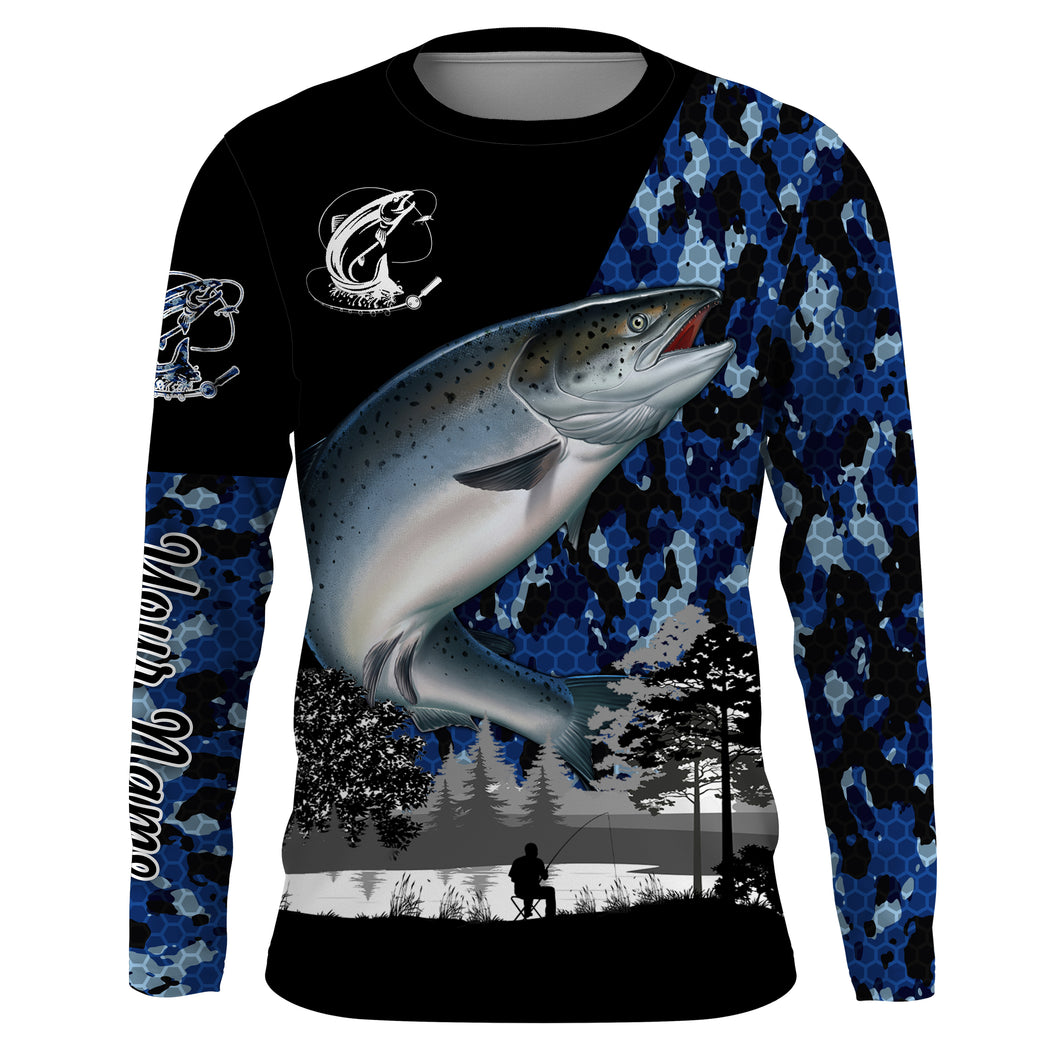 Chinook Salmon (King salmon) Fish blue camo Custom name fishing jerseys | Long sleeve, Long Sleeve Hooded NPQ832