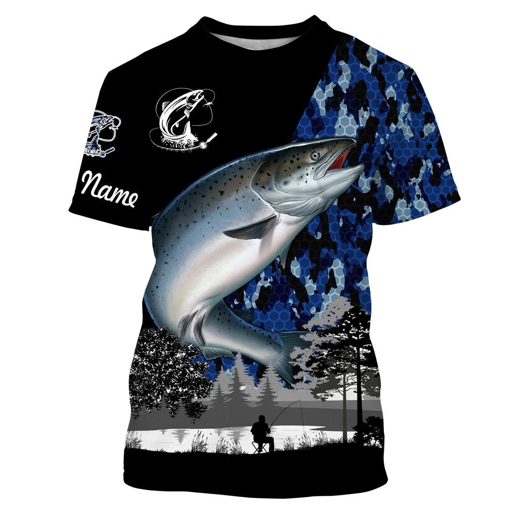 Chinook Salmon (King salmon) Fish blue camo Custom name fishing jerseys | Tshirt - NPQ832