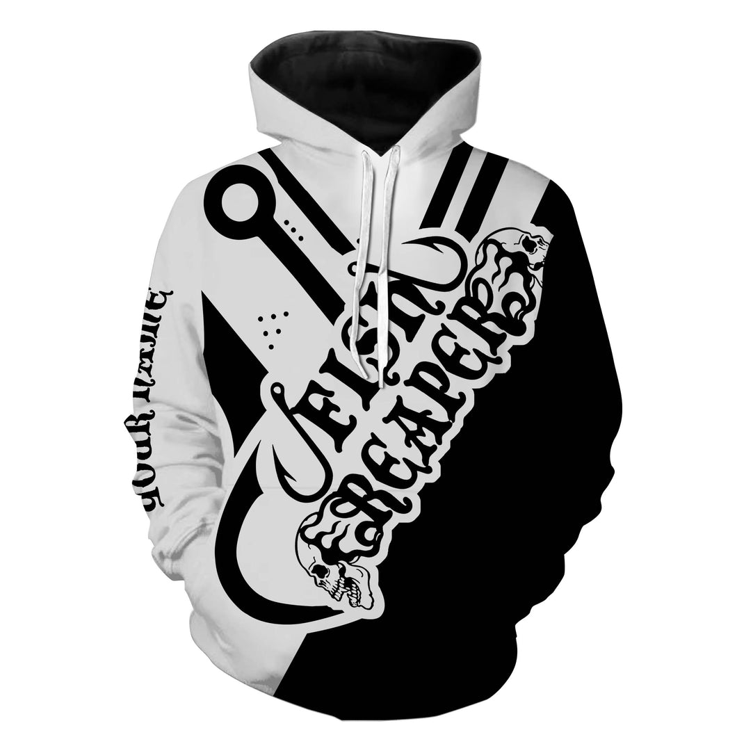 Black and white Fish Reaper fishing skeleton fish skull Customize name 3D All Over Printed fishing hoodie NPQ408