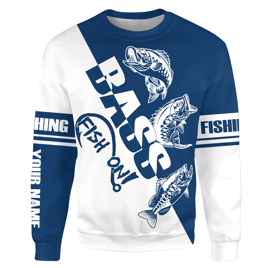 Largemouth Bass Fishing fish on blue and white Customize name All-over Print Crew Neck Sweatshirt, personalized fishing gift NPQ363