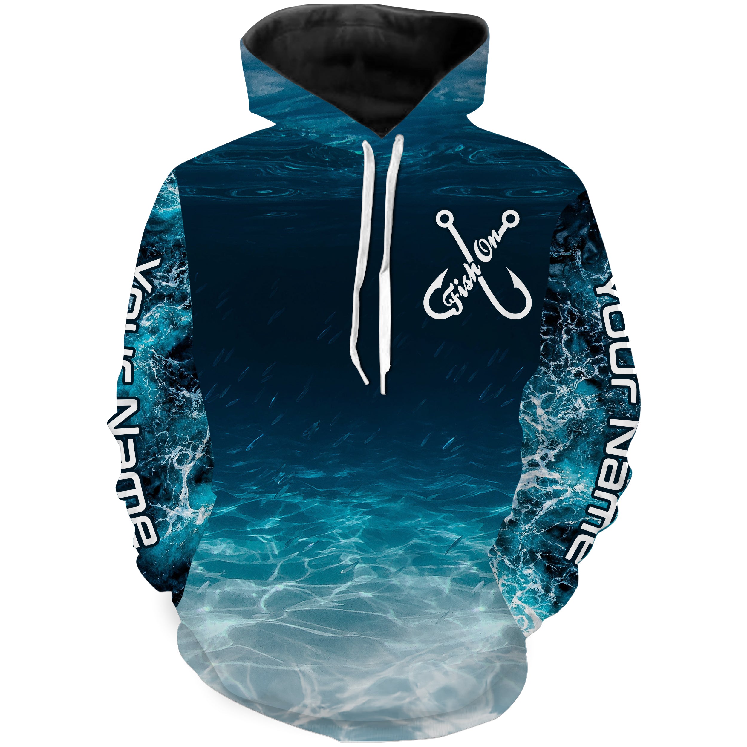 Fish on blue sea wave water camo Custom name fishing jerseys  | Hoodie - NPQ848