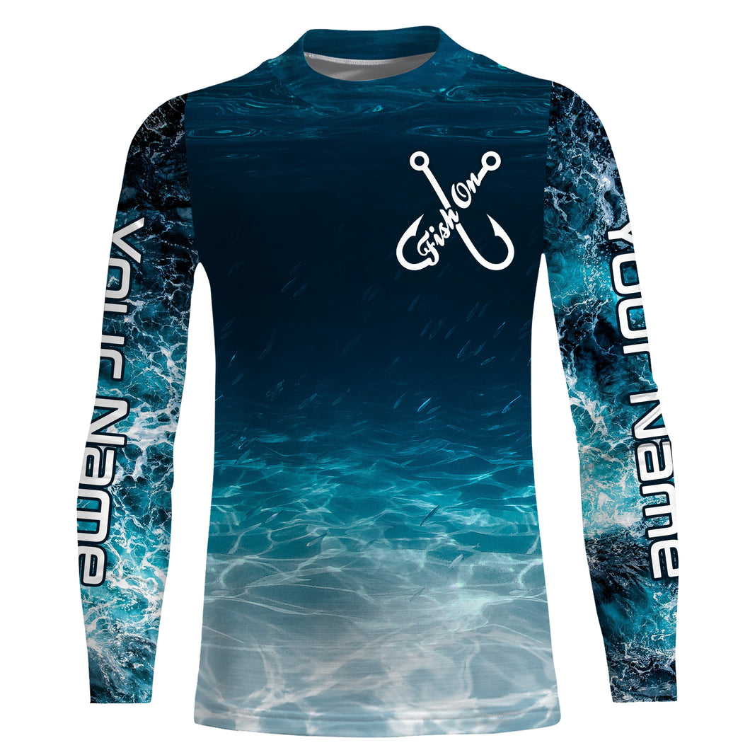 Fish on blue sea wave water camo Custom name fishing jerseys | Kid Long Sleeves NPQ848