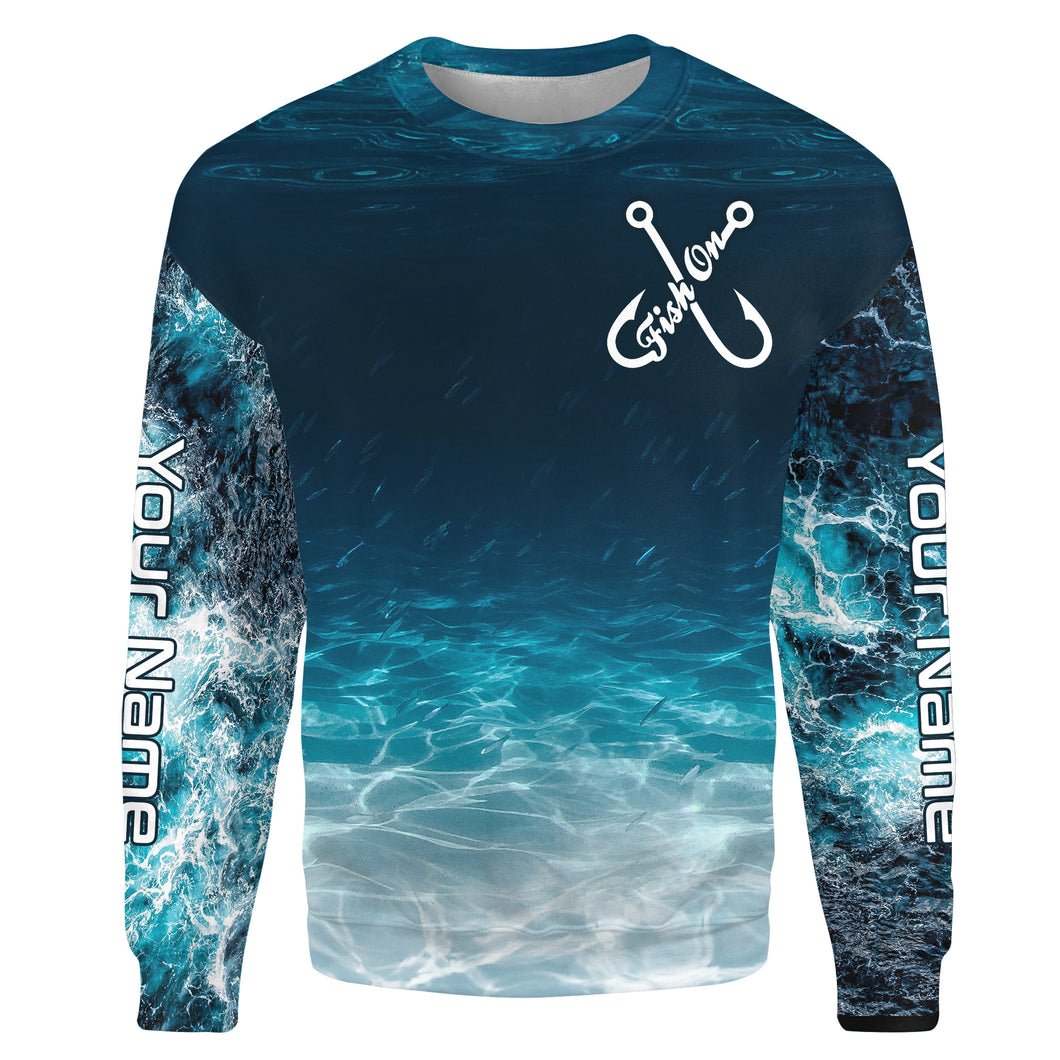 Fish on blue sea wave water camo Custom name fishing jerseys | Sweatshirt - NPQ848