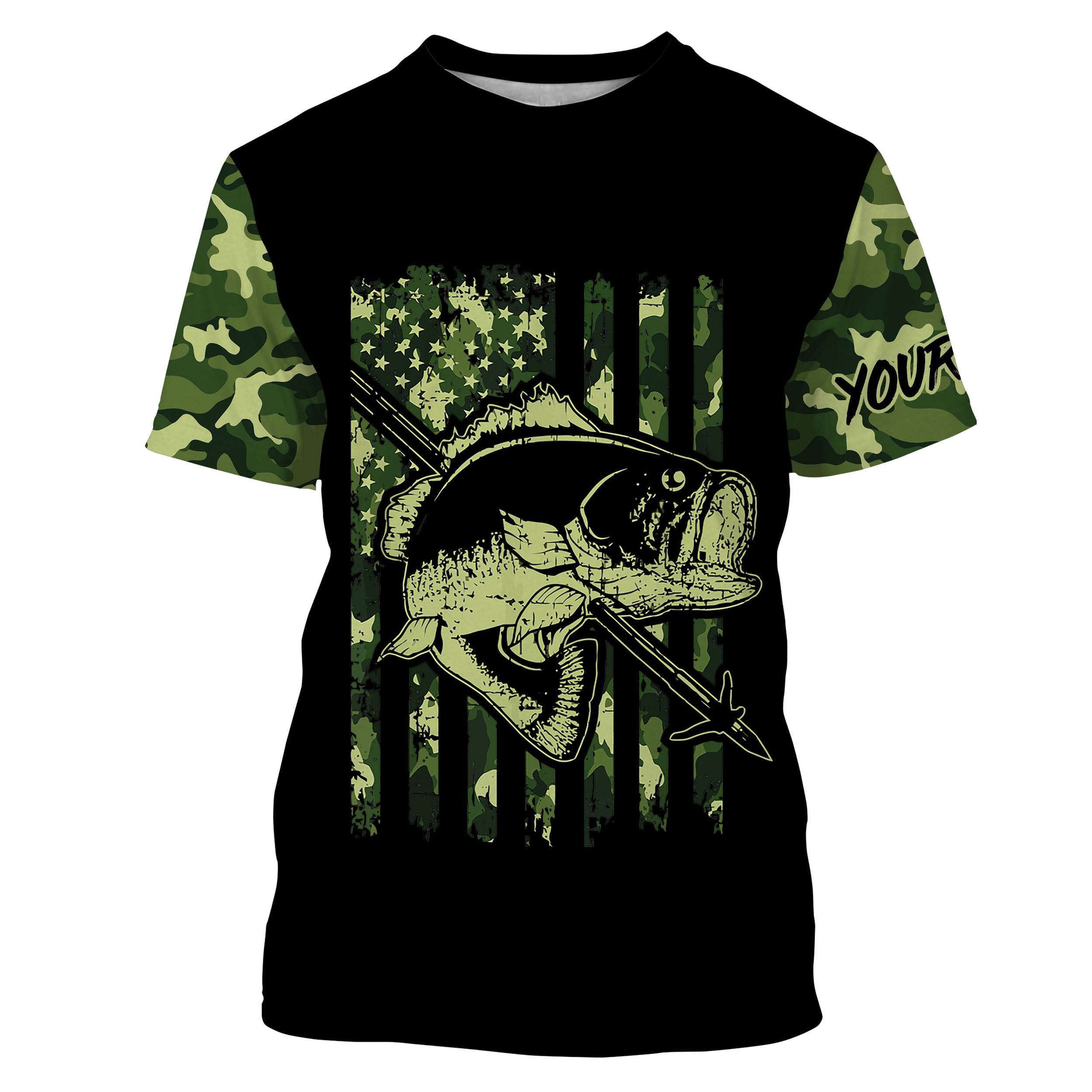 Largemouth Bass Bowfishing green camo American flag patriotic custom fishing tournament shirts | Tshirt - NPQ714