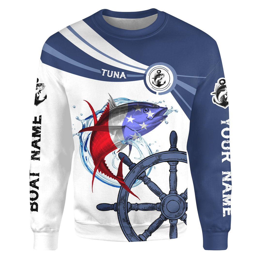 Tuna Fishing American Flag Customize name and boat name tournament All-over Print Crew Neck Sweatshirt, personalized fishing gift NPQ369
