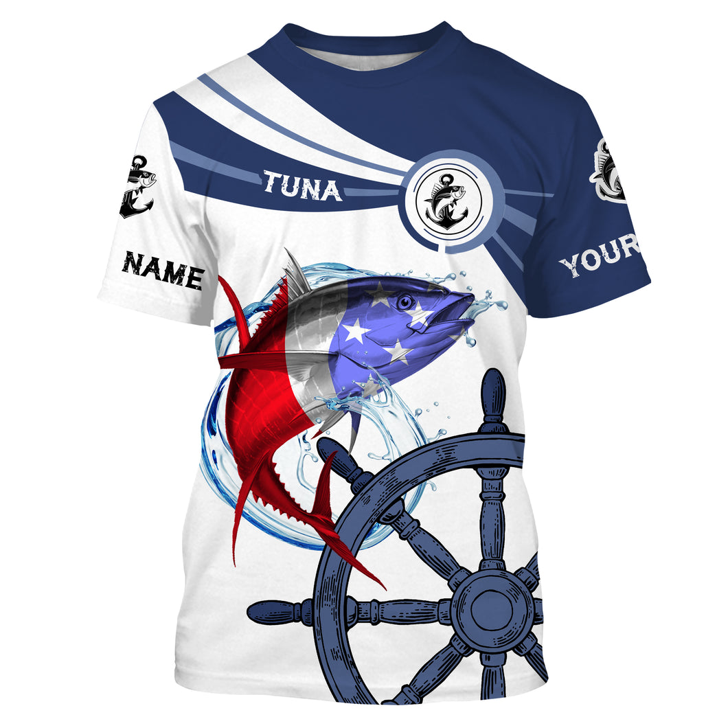 Tuna Fishing American Flag Customize Name and boat name tournament All-over Print Unisex fishing T-shirt NPQ369
