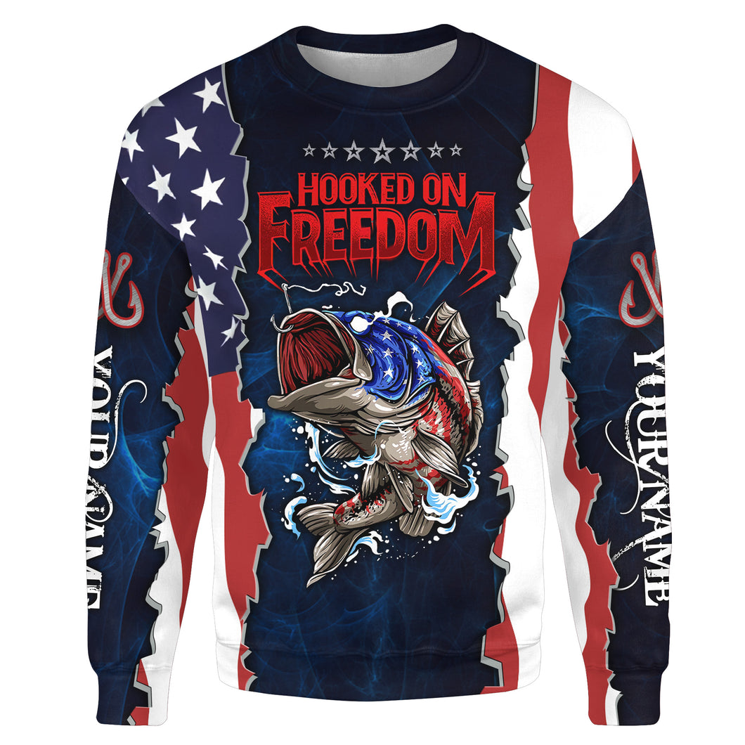 Hooked on freedom Bass fishing American flag patriotic Custom Name Fishing shirts | Sweatshirt - NPQ675