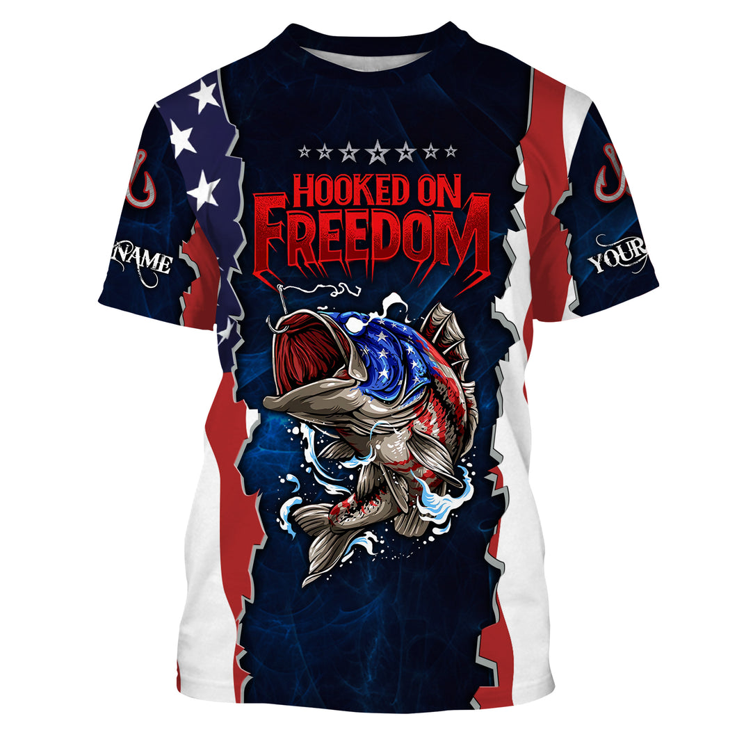 Hooked on freedom Bass fishing American flag patriotic Custom Name Fishing shirts | Tshirt - NPQ675