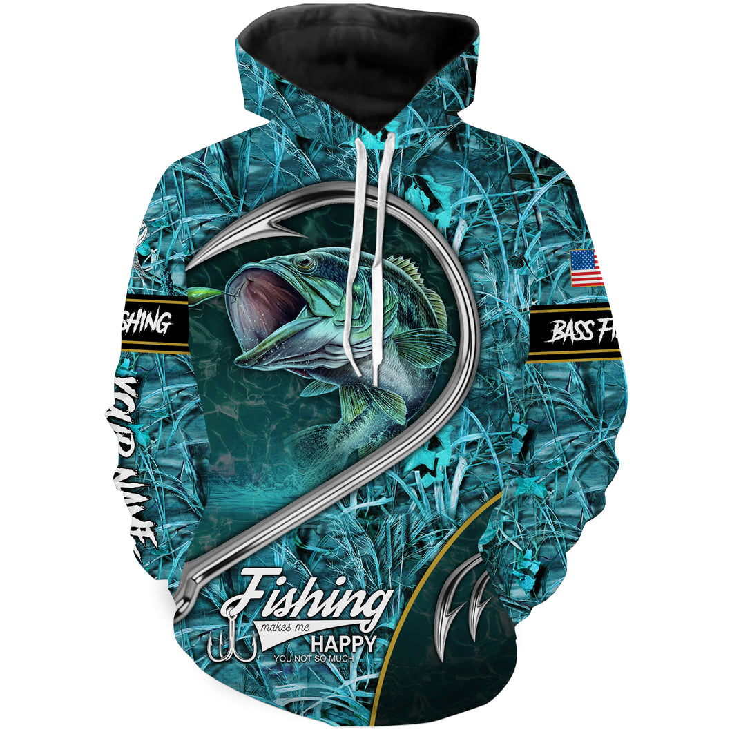 Largemouth bass fishing fish hook light blue camouflage Customize name 3D All Over Printed fishing hoodie NPQ428