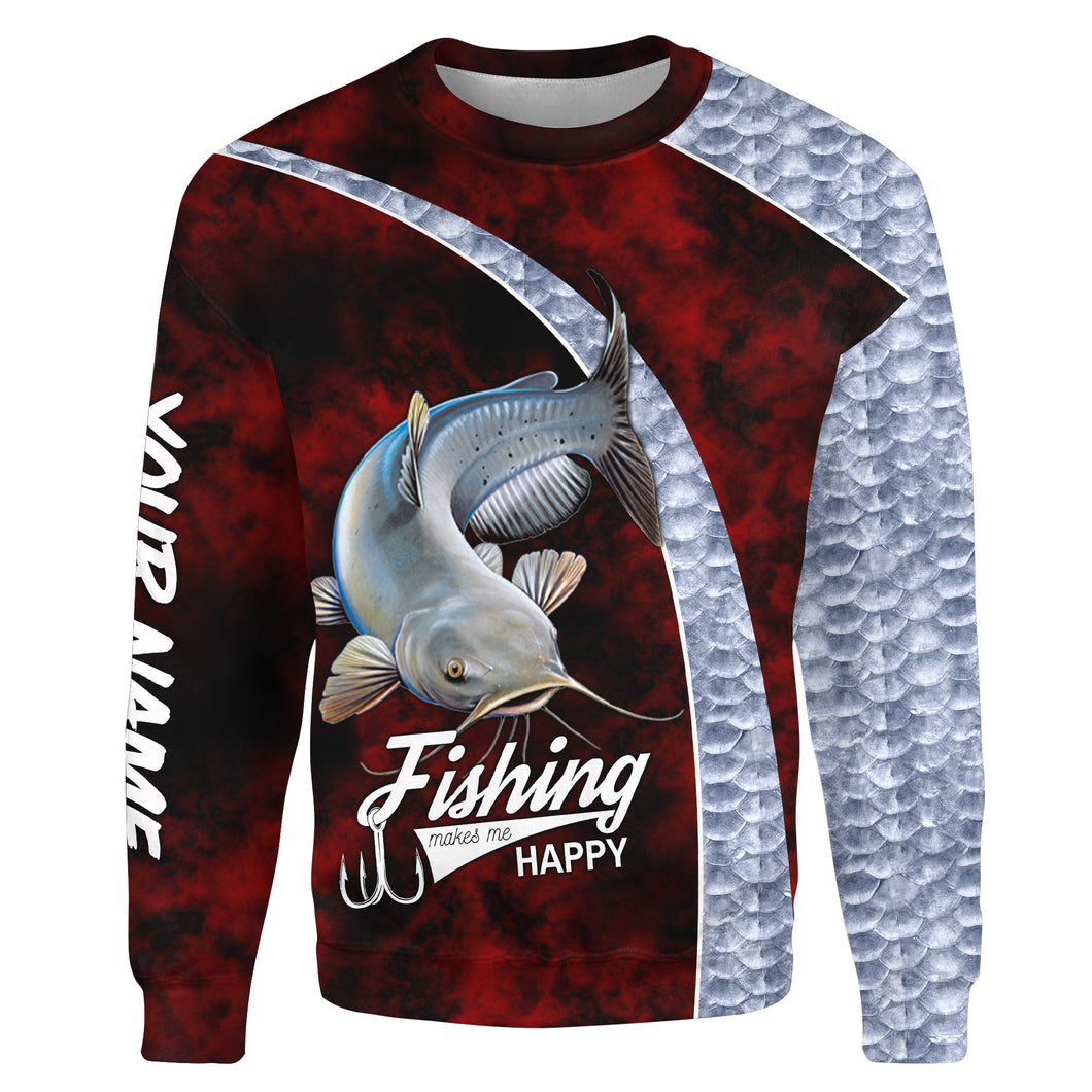 Catfish fishing makes me happy fishing shirts Customize name All-over Print Crew Neck Sweatshirt NPQ377