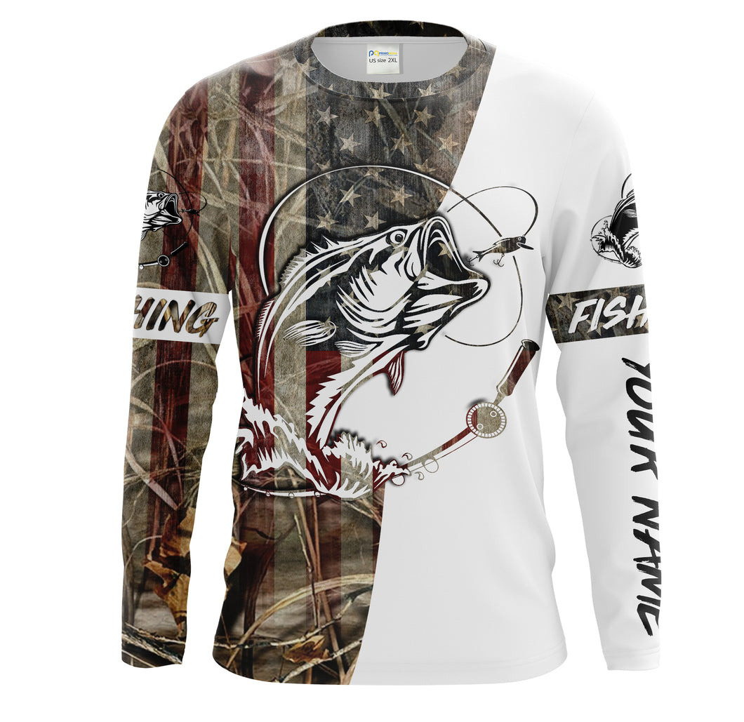 Mens Bass Fishing American Camouflage Custom Name UV Protection Long Sleeves shirt - Bass Fisherman Personalized Gifts SDF7