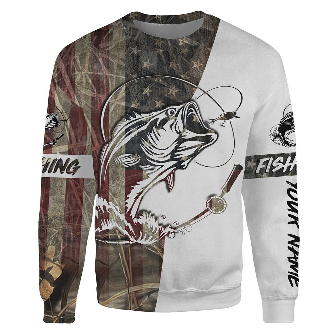 Bass Fishing American USA Flag Camo Custom Name 3D Crew Neck Sweatshirt For Fisherman Personalized Fishing Gifts - SDF26