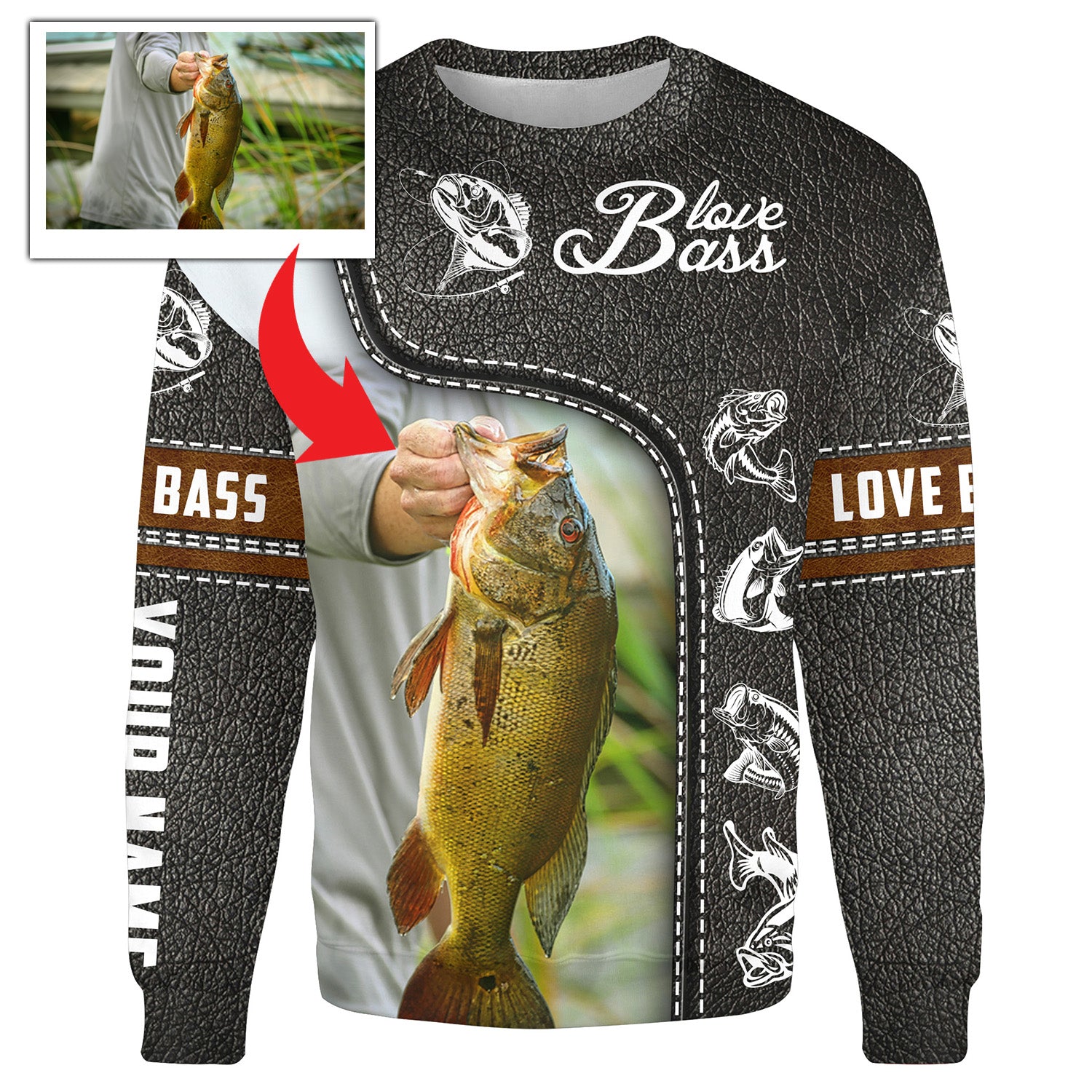 Love Bass Customized name and photo 3D Full printing Crew Neck Sweatshirt, Personalized Fishing Gifts - SDF94